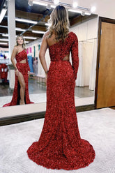2025 One shoulder Sequins Burgundy Prom Dress Long Evening Dress uk - MyChicDress